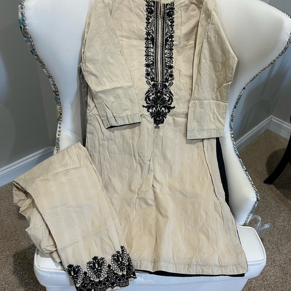 Elegant Cream and Black Embroidered Dress